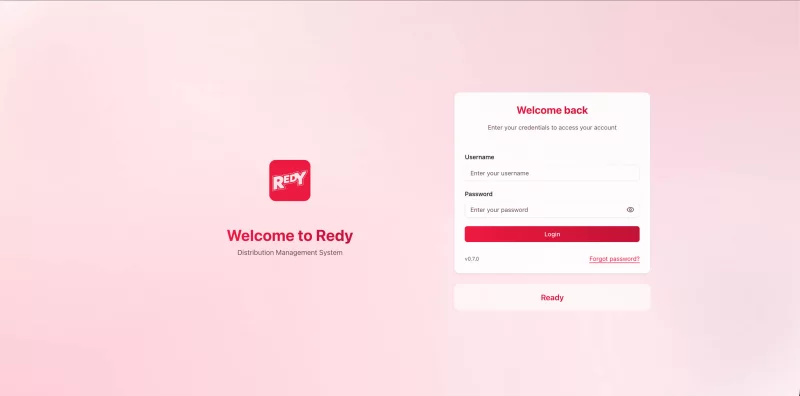 Redy business management platform login screen