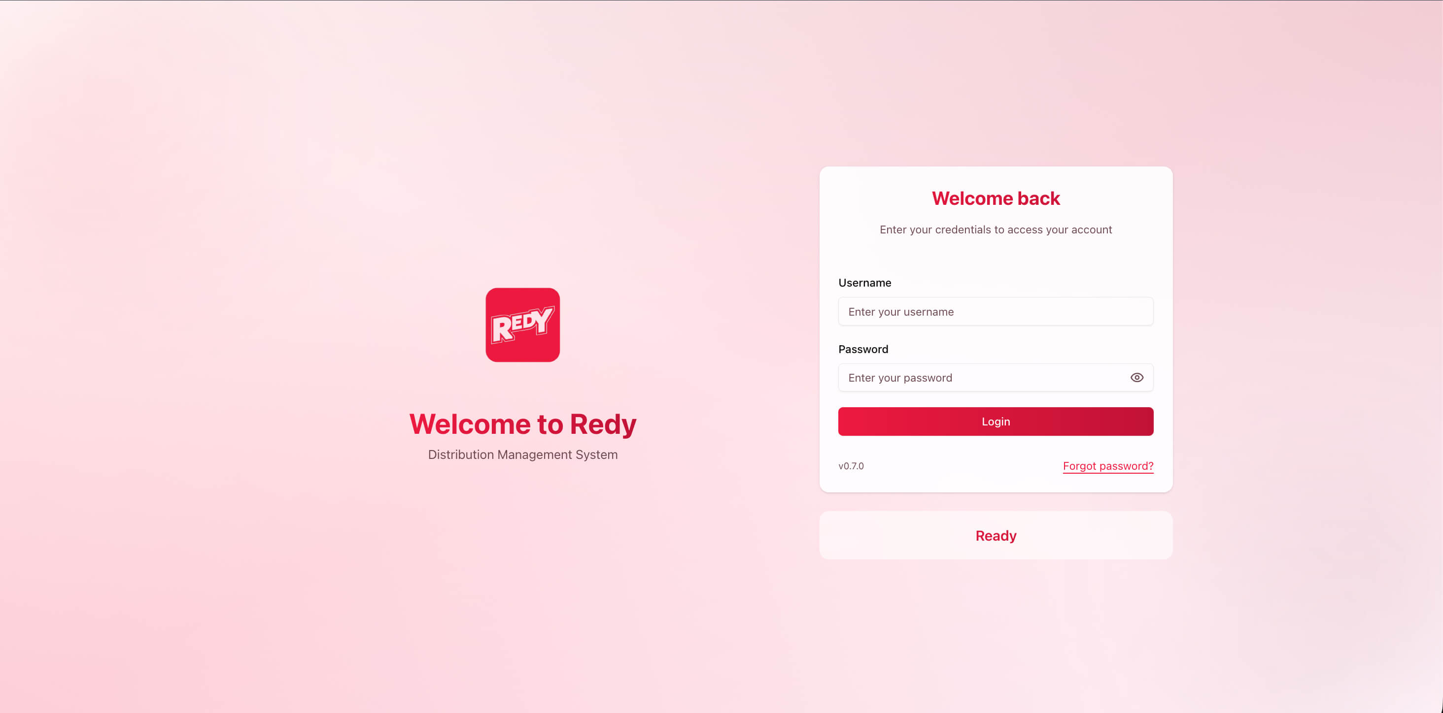 Redy business management platform login screen