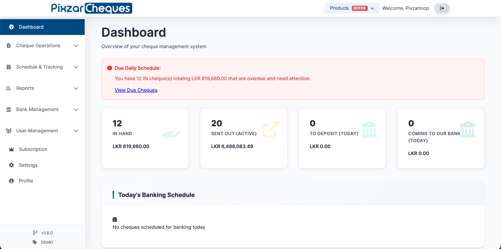 PixzarCheques management interface